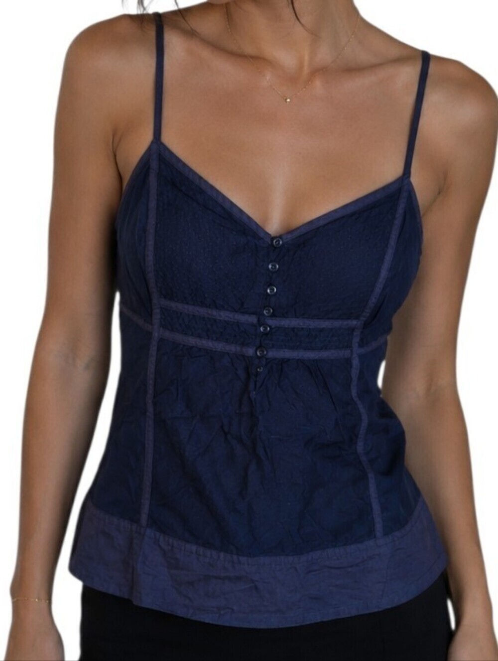 Navy Babydoll Cami Tank Women Medium Contrast Trim Button Y2K